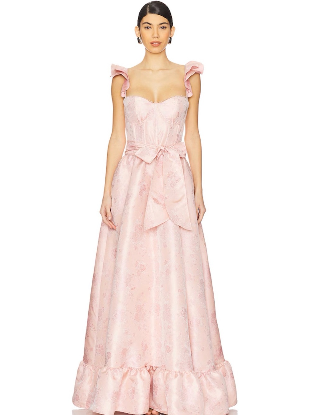 V. Chapman Pink Floral Jacquard Ruffle-Shoulder Maxi Dress